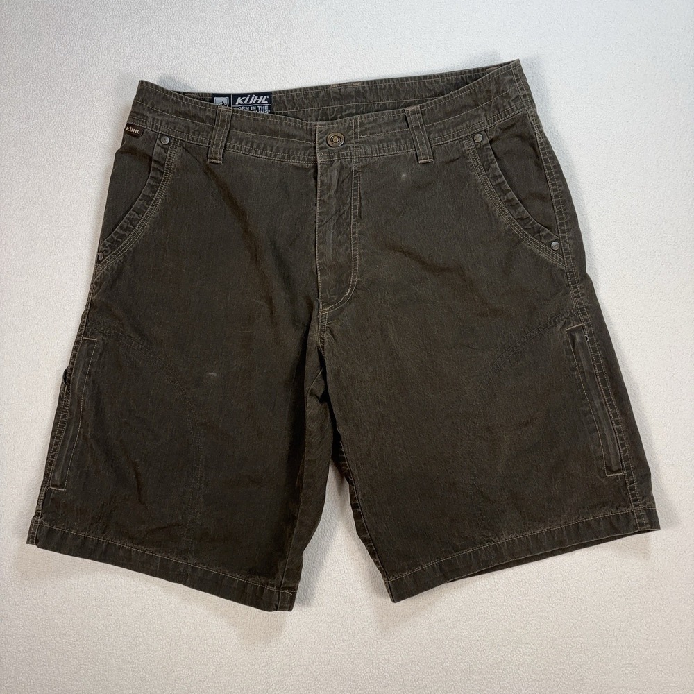 Kuhl Shorts Men's 32x10 Green Brown Pockets Hiking Outdoor Distressed Rugged